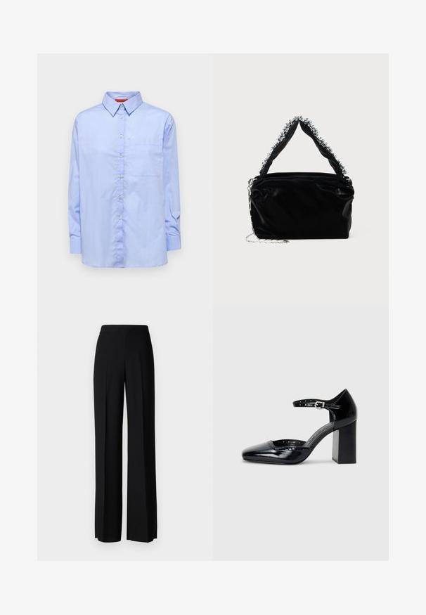 Lyseblå langermet skjorte med krage som kan kneppes, frontlomme og en glatt tekstur. Har knapper foran.; Sorte vidde bukser med en glatt tekstur, med høy midje og sentrale folder. Ingen synlige mønstre eller maskinvaredetaljer.; Sorte lakk lær høye hæler med firkantet tå, ankelrem og chunky hæl. Inkluderer perforerte detaljer langs kanten.; Svart veske i faux lær med tekstur, med en perlet sølvdetalj langs det øverste håndtaket og en kjede-rem.