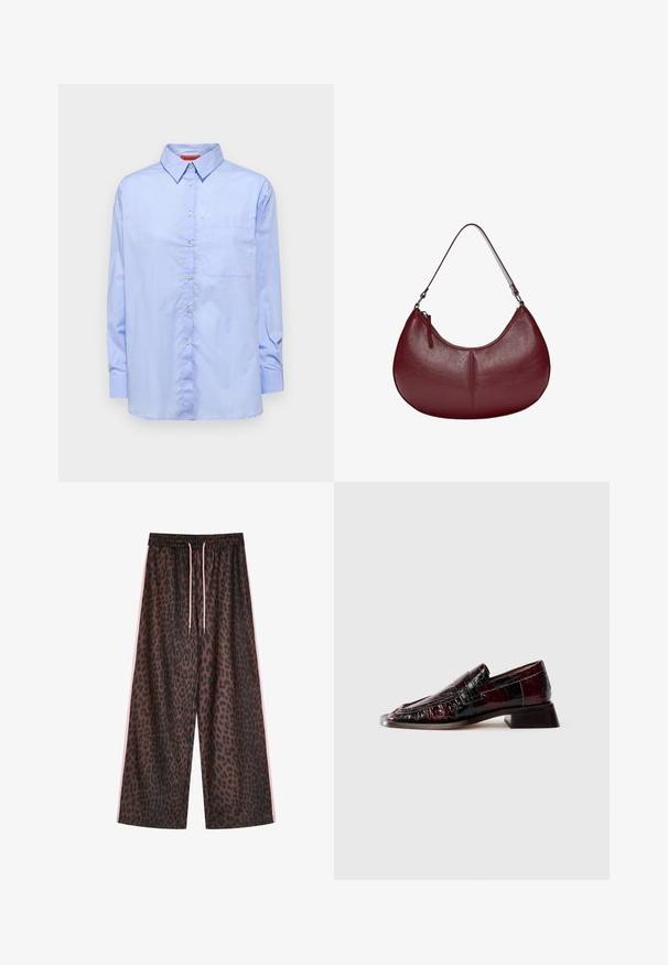 Lyseblå langærmet skjorte med krave, lomme foran og en glat tekstur. Har knapper langs fronten.; Leopardmønstrede bukser med vide ben i brune og sorte nuancer, med en elastisk talje og lyserøde snore samt lyserøde striber på siden. Glat stofstruktur.; Mørk burgunder lakeret læderloafer med tekstureret overflade, lav blokhæl og klassisk penny-stropdetalje, vist fra siden.; Bordeaux læderhåndtaske med en buet form. Har en enkelt skulderrem og en lynlåsåbning på toppen, der fremhæver en glat, tekstureret overflade.