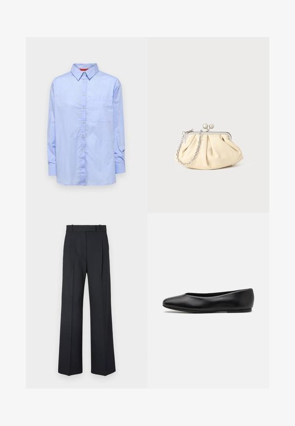 Jasnoniebieska koszula z długim rękawem, z kołnierzykiem zapinanym na guziki, przednią kieszenią i gładką teksturą materiału. Posiada guziki z przodu.; Ciemnoniebieskie spodnie w paski z wysokim stanem, szerokimi nogawkami i bez widocznych elementów metalowych lub ozdób. Gładka tekstura i dopasowany krój.; Paul Smith TOPANGA czarny; Złożona beżowa skórzana kopertówka z srebrną metalową ramą, z dwoma okrągłymi dekoracyjnymi zapięciami i srebrnym łańcuszkiem.