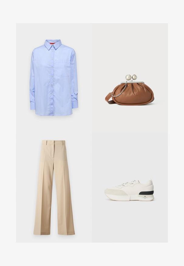 Cămașă lungă cu mâneci, de culoare bleu deschis, cu guler cu buton, buzunar frontal și o textură de material neted. Prezintă nasturi pe toată lungimea frontului.; Pantaloni bej cu picioare largi, confecționați dintr-un material neted, cu un front plat și plisse, fermoar la șold și curea. Croi adaptat pe tot corpul.; Adidași albi cu vârf din suede texturat, parte superioară din plasă netedă, șireturi decorative și un accent din cauciuc negru la toc.; Plic din piele maro cu închidere din bilă argintie și un mic detaliu cu lanț argintiu pe un fundal alb.