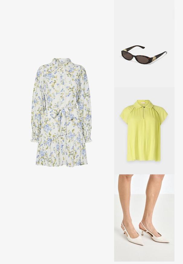 Gul plisserad blus med krage, korta ärmar och dragkedja fram. Slät textur med en subtil lyster, med mörka söms accentuerade.; Blommig klänning i vitt med blå och gröna blommor, med krage, knappsydd framtill, lång ärm med elastiska manschetter och midjeband.; Beige lackläder slingbackklackar med spetsig tå och 5 cm klack, med utskurna sidor och ett tunt ankelband.; Sköldpaddsformade solglasögon med avlånga ovala linser, brunt toning, guldfärgade logotypdetaljer på skalmarna och slanka svarta skaft.; Vit blommig handväska med en rynkad tygöverflata, guldfärgad kedjeslips och metallspänne. Har strukturerade blad för extra detalj.