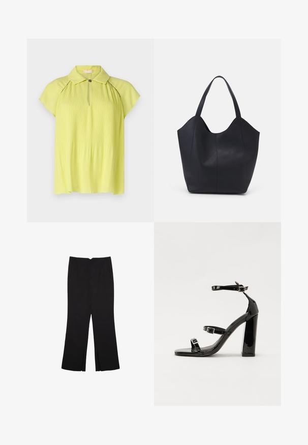 Yellow pleated blouse with a collar, short sleeves, and a zippered front. Smooth texture with a subtle sheen, featuring dark seam accents.; Black trousers with a straight fit, featuring front pockets and side slits at the hem. Made of soft, smooth fabric. Suitable for various occasions.; Black patent heeled sandals with a square toe, ankle straps, and silver buckles. Features a chunky block heel for stability.; Black tote bag made of smooth leather, featuring a curved, open top with two shoulder straps and a minimalist design.