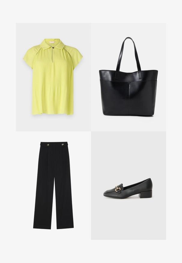 Blouse jaune plissée avec un col, des manches courtes et une fermeture éclair à l'avant. Texture lisse avec un subtil éclat, mettant en avant des accents de couture foncés.; Pantalons larges noirs à taille haute, avec des détails de boutons à la taille et des plis sur le devant.; Mocassins en cuir noir avec un talon plat, présentant un détail décoratif en métal doré à l'avant et une texture lisse.; Sac fourre-tout en cuir noir avec deux longues poignées, une texture lisse et une forme structurée. Dispose d'une poche avant pour un rangement supplémentaire.