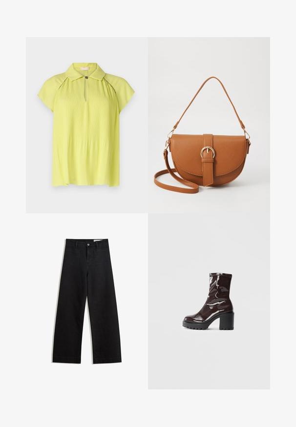 Bluză galbenă pliată cu guler, mâneci scurte și fermoar în față. Textură netedă cu un luciu subtil, având accente de cusături închise la culoare.; Pantaloni din denim negri cu picioare largi, cu talie înaltă, având buzunare frontale și posterioare, cusături dublate și închidere cu nasture. Textură netedă.; Botine lucioase burgundy, cu toc gros negru, având o textură netedă și un design simplu. Fără închideri sau modele vizibile.; Geantă din piele maro, tip crossbody, cu o formă curbată, accesorii aurii și un accent cu cataramă. Dispune de un curea de umăr detașabilă.
