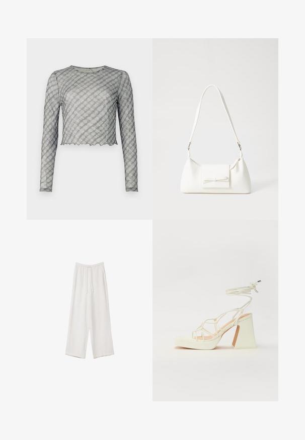 Dlouhý rukáv, cropped top v průhledné šedé barvě s jemnými diagonálními pruhy. Má kulatý výstřih a vlnitý lem. Měkká textura, přiléhavý střih.; Bílé široké kalhoty vyrobené z lehké tkaniny. Mají elastický pas se šňůrkou a boční kapsy. Hladká textura.; Bílé sandály na vysokém podpatku s robustním podpatkem, s designem s pásky a zavazováním kolem kotníku. Hladký povrch s platformou vpředu pro zvýšení výšky.; Bílá syntetická kabelka v trojúhelníkovém tvaru, s plochým předním klopným víkem a detailem mašle, nastavitelným popruhem, hladkým povrchem a minimalistickým designem.