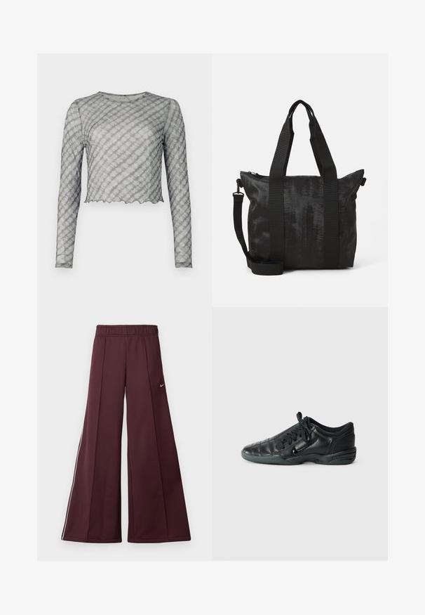 Long-sleeve, cropped top in sheer gray with light diagonal stripes. Features a round neck and scalloped hemline. Soft texture, fitted shape.; Burgundy wide-leg trousers in a smooth fabric with an elastic waistband and white side stripes. Features a small Nike logo on the left thigh.; Black leather athletic shoe with a quilted design, rounded toe, lace-up front, and rubber sole. Features subtle branding on the side.; Black tote bag with textured fabric, dual top handles, and a detachable shoulder strap. Features a zippered closure for secure storage.