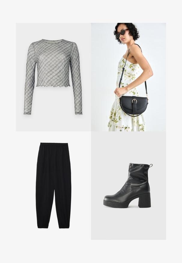 Garās piedurknēs, īss tops caurspīdīgā pelēkā krāsā ar vieglām diogonalām svītrām. Izceļas ar apaļu kakla izgriezumu un viļņotu apakšmali. Mīksta tekstūra, pieguļošs izskats.; Melnas, vieglas bikses ar elastīgu jostu un savilktiem potītiem. Audums ir gluds un to raksturo brīva, sašaurināta forma.; Melni potītes zābaki, kas izgatavoti no gludas ādas, ar sānu rāvējslēdzēju, masīvu strukturētu papēdi un noapaļotu purngalu.; Melnas ādas rokassoma ar izliekta formu, noņemamu siksnu un zelta aksesuāriem. Somai ir vāciņš ar sprādzes detaļu.