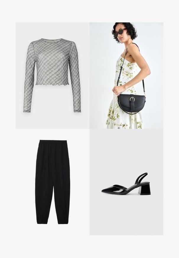 Dlouhý rukáv, cropped top v průhledné šedé barvě s jemnými diagonálními pruhy. Má kulatý výstřih a vlnitý lem. Měkká textura, přiléhavý střih.; Černé, lehké kalhoty s elastickým pasem a nařasenými kotníky. Tkanina je hladká a má uvolněný, zúžený design.; Černé lakované kožené lodičky na pásku s špičatou špičkou a geometrickým blokovým podpatkem. Vyznačují se elegantním, minimalistickým designem a hladkým povrchem.; Černá kožená kabelka s křivkovým tvarem, odnímatelným popruhem a zlatými detaily. Kabelka má klopu s přezkou.
