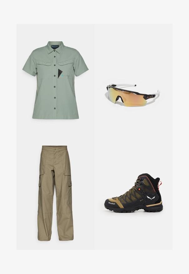 Šviesiai žalia trumpomis rankovėmis marškinėliai su užsegimu, dviem krūtinės kišenėmis, juodais mygtukais ir logotipu su mėlynu akcentu bei trikampio design'u.; Alyvuogių žalios spalvos cargo kelnės, pasižyminčios laisvu siluetu, keliais šoninėmis kišenėmis ir sagčių uždarymu juosmens srityje. Lygi tekstūra.; Vidutinio aukščio žygio batai juodos ir alyvuogių spalvos, su tinklo viršumi, guminėmis padais ir tekstūruotomis detalėmis bei galine traukimo juostele.; Akiniai nuo saulės su juodai balta rėmu, dideliais veidrodiniais objektyvais auksinėmis ir rožinėmis atspalviais, aerodinaminis dizainas ir išplėstas išorinis rėmelis.