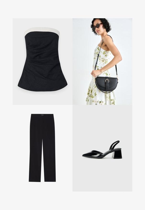 Top senza spalline realizzato in tessuto blu scuro con scollatura bianca. Presenta una texture liscia e una forma aderente, leggermente svasata.; Pantaloni in corduroy neri con taglio dritto, dotati di vita piatta e senza tasche visibili, texture liscia e dettaglio a righe verticali.; Décolleté in vernice nera con punta affusolata e tacco in geometria cubica. Presentano un design elegante e minimalista, con una texture liscia.; Borsa a tracolla nera in pelle con una forma curva, manico rimovibile e accessori dorati. La borsa presenta una patta con un dettaglio a fibbia.