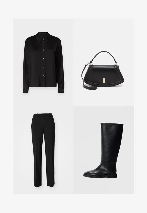 Black long-sleeve shirt with a classic collar, featuring a button-up front with blue buttons and a smooth, textured fabric.; Black tailored trousers with a straight-leg design, featuring a smooth texture and crisp creases along the front. No visible hardware.; Black leather knee-high boot with a rounded toe, smooth texture, minimalistic design, and a flat sole. Simple seam details on the shaft.; Black leather handbag with a structured design, featuring a cropped shape, top handle, and gold hardware accent. Adjustable shoulder strap included.