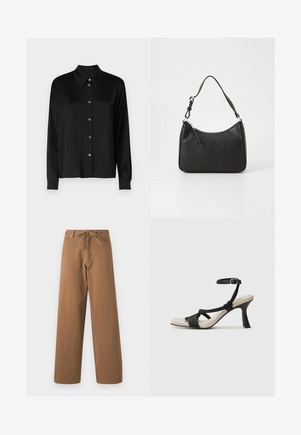 Black long-sleeve shirt with a classic collar, featuring a button-up front with blue buttons and a smooth, textured fabric.; Brown wide-leg pants made from cotton, featuring a drawstring waist and two front pockets. Textured fabric with a smooth finish.; Black heeled sandal with braided strap design, square toe, and adjustable ankle strap. Light beige footbed with a glossy black heel.; Black leather handbag with a curved shape, a single strap, zip closure, and subtle branding on the front. Smooth texture, minimalist design.
