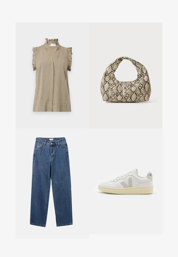 Khaki sleeveless top made of lightweight fabric, featuring a ruffled neckline and shoulder accents, with a subtle front pleat detail.; Classic blue denim jeans with a straight-leg design, five pockets, and a button closure. Features a medium wash and sturdy texture.; White leather sneaker with beige suede accents, perforated toe box, flat laces, and a textured cream sole. Features subtle branding on heel.; Snake-print handbag with a curved handle. Made from textured, beige and brown materials, featuring a distinctive diamond pattern.