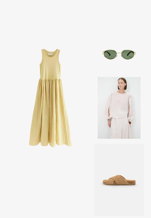 Blusa rosa chiaro con maniche lunghe a sbuffo e fiocchi sulle spalle. Realizzata in tessuto morbido e traslucido, con una vestibilità morbida e scollatura rotonda.; Abito lungo senza maniche di un giallo morbido. Top aderente con gonna a trapezio arricciata. Tessuto liscio con vita definita.; Sandalo slide in suede con cinturini incrociati, di colore marrone chiaro, soletta avvolta in sughero e fondo in gomma texturizzata, caratterizzato da un design piatto e vestibilità ampia.; Occhiali da sole con montatura dorata e lenti verdi, forma ovale, stanghette nere e naselli trasparenti. Design pulito e minimalista.; Guanti bianchi realizzati in pizzo e pelle, con applicazioni floreali sul guanto sinistro e una patta in pelle liscia su quello destro. Polsini elasticizzati.