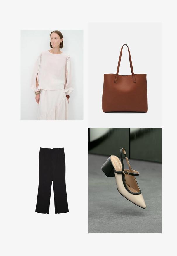 Vaaleanpunainen paita, jossa on pitkät puffihihat ja olkahihnat. Valmistettu pehmeästä, läpikuultavasta kankaasta, jossa on rento istuvuus ja pyöristetty pääntie.; Mustat housut suoralinjaisella leikkauksella, joissa on etutaskut ja sivurei'ät helman alla. Valmistettu pehmeästä ja sileästä kankaasta. Sopii eri tilaisuuksiin.; Beige slingback-kengät, joissa on musta reuna, kultahakas, ja paksu lohkoheel, harmaalla lattialla tummanvihreää taustaa vasten.; Ruskea nahkainen olkalaukku, jossa on sileä pinta, avoin yläosa ja kaksi olkahihnaa. Omaavat vain minimaalisen ompelun eikä näkyvää metalliosaa.