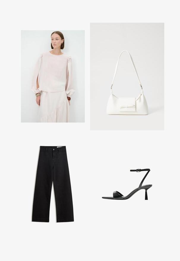 Světle růžová blůza s dlouhými, nabránými rukávy a vázáním na ramenech. Vyrobená z měkké, průsvitné látky s volným střihem a zaobleným výstřihem.; Černé denimové kalhoty s volným střihem a vysokým pasem, vybavené předními a zadními kapsami, prošívanými švy a knoflíkovým zapínáním. Hladká textura.; Bershka Sandály na vysokém podpatku - black; Bílá syntetická kabelka v trojúhelníkovém tvaru, s plochým předním klopným víkem a detailem mašle, nastavitelným popruhem, hladkým povrchem a minimalistickým designem.