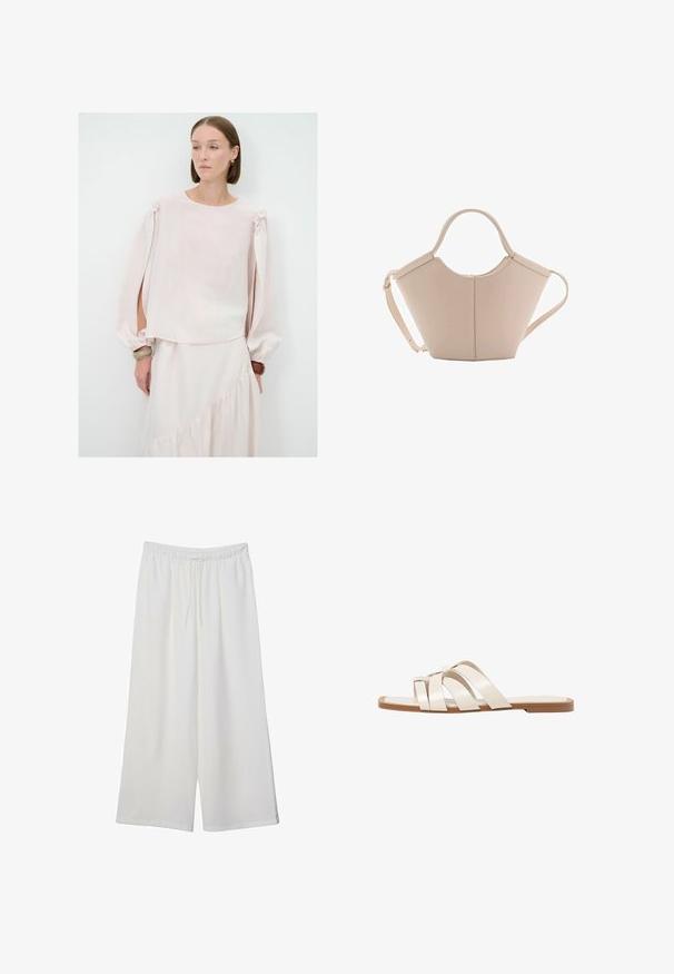 Helles rosa Blusenshirt mit langen, puffigen Ärmeln und Schulterbändern. Hergestellt aus weichem, transparentem Material mit lockerer Passform und rundem Ausschnitt.; Weiße, weit geschnittene Hosen aus leichtem Stoff, mit einem elastischen Bund und einem Zugband für eine verstellbare Passform. Glatte Textur.; Flache Sandalen mit einer honigfarbenen Gummisohle, gestaltet mit drei überlappenden weißen Lederriemen und einem kleinen Schleifendetail in der Mitte.; Beige Lederhandtasche mit einer einzigartigen Form, die zwei kurze Henkel und einen langen verstellbaren Riemen aufweist. Glatte Textur mit minimalen Hardware-Elementen.