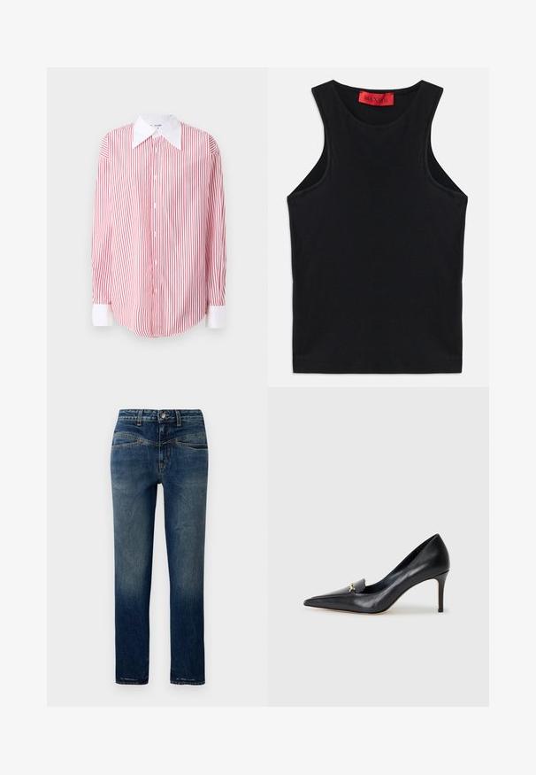 Vörös és fehér csíkos gombos ing, nagy fehér gallérral, hosszú ujjakban és lekerekített hemvonalban. Simára szőtt anyagtextúra.; Fekete ujjatlan felső, puha pamutból készült. Kerek nyakkivágással és normál aljjal rendelkezik. Egyszerű dizájn, nincs látható minta vagy díszítés.; Sötétkék farmernadrág egyenes szabással, világos kopásokkal, narancs varrással és gombos derékzárral.; Fekete bőr magassarkú cipő hegyes orral, alacsony dekoltázzsal és díszes arany részlettel. Stiletto sarokkal és sima felülettel rendelkezik.