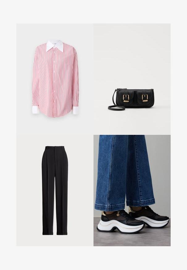 Röd och vit randig skjorta med knappar, stor vit krage, långa ärmar och rundad fåll. Slät tygtextur.; Svarta skräddarsydda byxor med hög midja, med veck framtill, rak bendesign och uppvikte nederdelar. Tillverkade av ett slätt tyg.; Svart- och guldsneakers med en krökt vit sula. Texturerat tyg med logotypaccenter. Kombinerade med vida blå jeans.; Svart läderaxelväska med två framfickor, guldspännen, dragkedjestängning och en smal rem. Texturerad yta och kompakt rektangulär form.