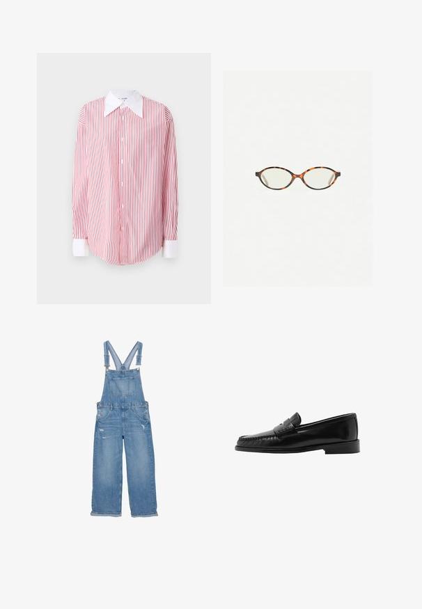 Rot-weiße gestreifte Hemdbluse mit großem weißem Kragen, langen Ärmeln und abgerundetem Saum. Glatte Stoffoberfläche.; Hellblaue Jeanslatzhosen mit verstellbaren Trägern, vorderer Brusttasche, seitlichen Knöpfen und abgenutzten Details an den Beinen.; Schwarzer Lederloafer mit geschwungener Silhouette, dekorativem Riemen, strukturiertem Stich und flacher Gummisohle. Glatte Oberfläche und elegantes Design.; Schildpatt-Eyegläser mit ovalen Gläsern und einer eleganten, glatten Oberfläche. Mit dünnen Seiten und einer subtilen Kurve an den Schläfen. Klare Gläser.