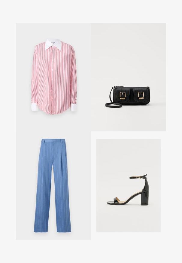 Cămașă cu dungi roșii și albe, cu guler mare alb, mâneci lungi și tiv rotunjit. Textură de țesătură netedă.; Pantaloni largi de culoare bleu deschis, cu dungi verticale albe. Confectionați dintr-un material neted, cu pliuri frontale și un design curat al taliei.; Sandal cu toc lat din piele lacuită neagră, cu vârf deschis și curea pentru gleznă, având o cataramă aurie. Textură netedă și design elegant.; Geantă neagră din piele, tip crossbody, cu două buzunare frontale, catarame aurii, închidere cu fermoar și o curea subțire. Suprafață texturată și formă rectangulară compactă.