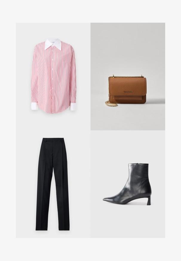Cămașă cu dungi roșii și albe, cu guler mare alb, mâneci lungi și tiv rotunjit. Textură de țesătură netedă.; Pantaloni negri dintr-un material neted, cu talie înaltă, picioare largi, pliuri frontale și loop-uri clasice pentru curea. Fără buzunare laterale vizibile.; Cizmă de gleznă din piele neagră cu vârf ascuțit și un design elegant. Dispune de un toc mic și de o închidere cu fermoar la spate. Textură netedă.; Geantă crossbody din piele texturată maro, cu curea din lanț aurit și închidere cu clapetă. Partea din față prezintă detalii cu logo și o buzunar sub clapetă.