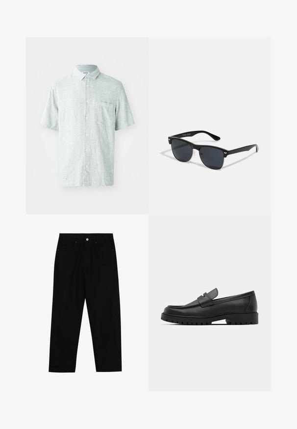 Short-sleeve, collared shirt in light mint green, made of textured fabric. Features a single chest pocket and white buttons.; Black denim pants featuring a straight-leg cut, five-pocket design, and a front button closure. Smooth texture with minimal stitching details.; Black leather loafers with a rounded toe, featuring a stitched design, low platform sole, and a textured, lugged rubber outsole.; Black sunglasses with a rectangular shape, dark lenses, silver accents at the temples, and a matte finish on the frame.