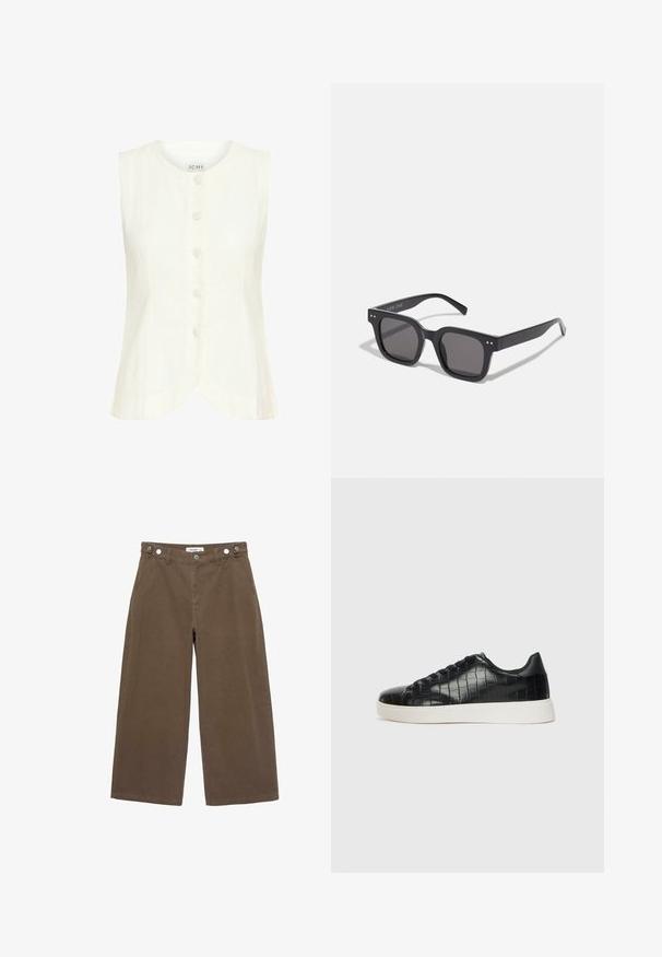 Hvid ærmeløs top med rund udskæring, fem knapper foran, buet kant og blød tekstur. Lavet af letvægtsstof.; Brune brede bukser lavet af holdbart stof. Har to forlommer, knaplukning og en afslappet pasform med en glat tekstur.; Sorte sneakers med en struktureret krokodillepræget læderoverdel, rund tå og en kontrasterende hvid gummisål med en glat finish.; Sorte rektangulære solbriller med mørke linser, der har en tyk ramme, subtile detaljer på siderne og uden synlige logoer udover mærkenavnet.; Brun ruskinds tote taske med to læderhåndtag, flad form, quiltede detaljer og knude detalje på siderne. Ingen synlige lukninger.