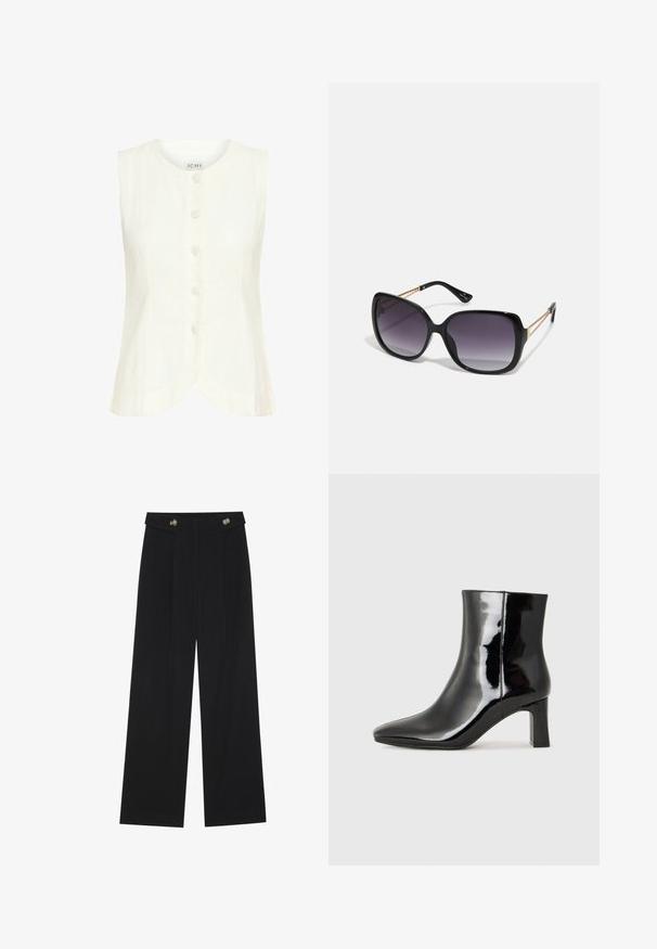 Weißes ärmelloses Top mit rundem Halsausschnitt, fünf Frontknöpfen, geschwungenem Saum und weicher Textur. Hergestellt aus leichtem Stoff.; Schwarze weite Hosen mit hoher Taille, Knopfdetails am Bund und vorderen Falten.; Schwarzer Lackleder-Stiefelette mit spitzer Zehe und einem mittelhohen Blockabsatz. Glatte Textur und minimalistisches Design.; Schwarze übergroße Sonnenbrille mit getönten Gläsern, dicken Rahmen und goldfarbener Kettendetaillierung an den Bügeln.; Schwarze Handtasche mit strukturierter Form, glatter Textur und einem metallischen Verschluss. Kombiniert mit weiten schwarzen Hosen und offenen Sandalen auf einem Holzboden.
