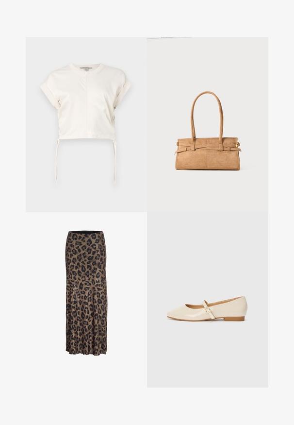 Kreemine lühikeste varrukatega top, mis on valmistatud siledast kangast. Ümara kaelusega ja reguleeritavad külgedel sõlmed. Lihtne ja puhas disain.; Prindiga leopardimuster, pruun ja must, voolava disainiga, peene rippuvate äärtega, valmistatud kergest ja pehmest kangast.; Beez värvi patendiläikivad balleti kingad, millel on ruudukujuline varvas, väike kand ja reguleeritav pahkluu rihm, millel on kuldne pandla aktsent.; Karamelli suède käekott, millel on kaks pikka sangad, ristküliku kuju ja dekoratiivne õmblus. Omab külgrihma ja diskreetseid kuldseid detailide aktsente.