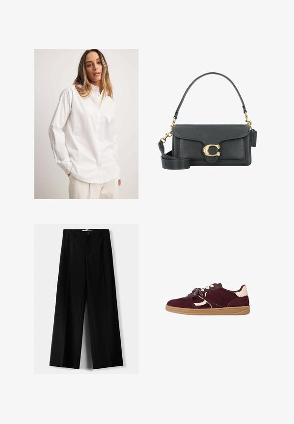 Biała koszula zapinana na guziki, wykonana z gładkiego materiału, z kołnierzykiem, długimi rękawami i luźnym krojem, zestawiona z fakturowanymi, jasnymi spodniami.; Czarny pasiaste gorset z usztywnionym krojem, złożonym dekoltem i gładką teksturą. Materiał wydaje się solidny i dopasowany.; Czarne spodnie szerokie, wykonane z lekkiego materiału, z zapięciem na guzik z przodu i gładkim przodem, z starannie wykończonymi brzegami.; Burgundowe zamszowe sneakersy z białymi akcentami, teksturowanym wykończeniem, grubą gumową podeszwą oraz wzorzystymi sznurowadłami zapewniającymi pewne dopasowanie.; Czarna skórzana torba na ramię z akcentami w kolorze złotym, wyposażona w charakterystyczne zapięcie, odpinany pasek na ramię oraz teksturowaną powierzchnię.; Srebrne kolczyki z frędzlami mają skomplikowany wzór z koralików, z opadającymi nitkami cienkiego łańcuszka i zawiązanym akcentem na górze.