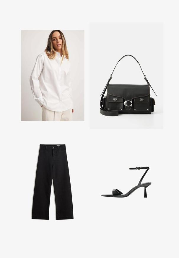 Witte button-up shirt gemaakt van gladde stof, met een kraag, lange mouwen en een relaxte pasvorm, gecombineerd met lichtgekleurde, gestructureerde broek.; Zwarte denim broek met wijde pijpen en een hoge taille, voorzien van voor- en achterzakken, gestikte naden en een knoopsluiting. Gladde textuur.; Bershka Sandalen met hoge hak - black; Zwarte leren handtas met een klep-sluiting, zilverkleurige hardware, twee voorzakken, contrasterende stiksels en een afneembare schouderriem.