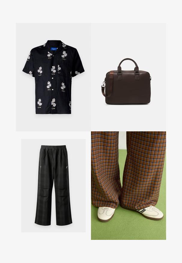 Lühikeste varrukatega must särk, millel on lilleline valgete ja kuldsete tikanditega muster, nööbiga kinnitamine ja rinnatasku. Tekstureeritud kangas.; Mustas ruudulised püksid, millel on elastne vöökoht, kaks esimest taskut ja laiem lõige sirge jala disainiga. Valmistatud kergest materjalist.; Pruunide ja siniste ruuduliste laiad püksid, mille juurde on kombineeritud valged kingad mustade aktsentidega ja tekstuursete taldadega, roheline taust.; Pruun nahast sülearvutikott, millel on tekstureeritud pind, kahekordsed ülemised käepidemed, reguleeritav rihm ja kaks esikinnitust, mis lisavad detaili.