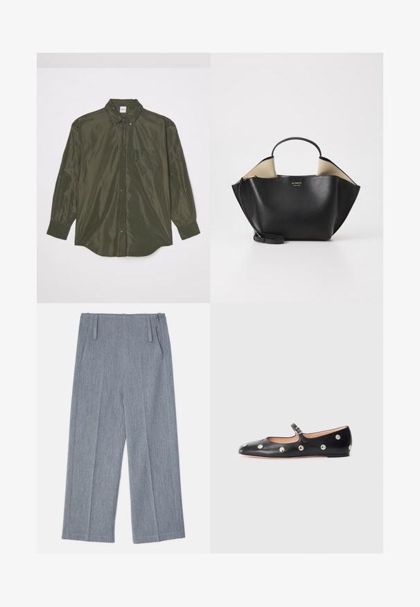 Camicia a maniche lunghe di un verde oliva scuro, realizzata in tessuto lucido, con chiusura a bottoni frontale, colletto a punta e taschino sul petto.; Pantaloni larghi grigio chiaro realizzati in tessuto testurizzato, con due pieghe frontali e due tasche laterali. Design pulito e sartoriale.; Scarpa flat nera in pelle tipo Mary Jane con punta arrotondata, caratterizzata da borchie circolari argentate e una fascia regolabile con fibbia.; Ree Projects ANN TOTE MINI - Borsa a mano - black