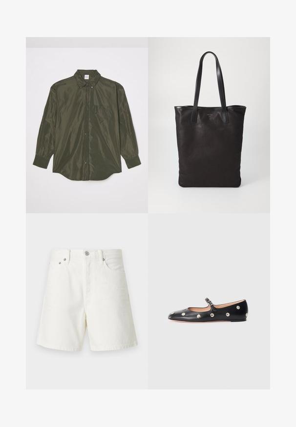 Camisa de manga larga de color verde oliva oscuro, hecha de una tela brillante, con cierre de botones en la parte delantera, cuello puntiagudo y un bolsillo en el pecho.; Shorts de mezclilla blanca con corte recto, diseño de cinco bolsillos, cierre frontal con botón, herrajes plateados y detalles de costura.; Zapato plano tipo Mary Jane de cuero negro con punta redonda, adornado con tachuelas circulares plateadas y una correa ajustable con hebilla.; Bolsa tote de lona negra con asas de cuero negro. Diseño sencillo, cuerpo espacioso y textura suave. Sin logos ni patrones visibles.