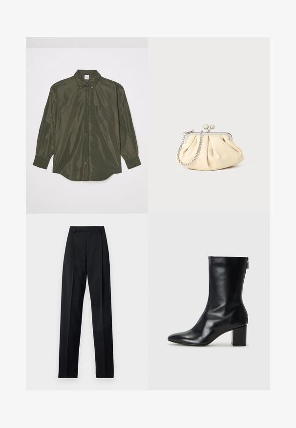 Long-sleeve, dark olive green shirt made of shiny fabric, featuring a button-up front, pointed collar, and a chest pocket.; Black trousers made from smooth fabric featuring a high waist, wide legs, front pleats, and classic belt loops. No side pockets visible.; Black leather ankle boot with a pointed toe and 4 cm block heel. Sleek design features a side zipper for easy wear. Smooth texture.; Pleated beige leather clutch with a silver metal frame, featuring two round decorative clasps and a silver chain strap.