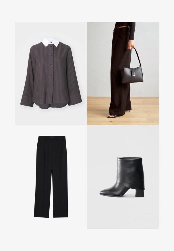 Cămașă texturată maro cu guler alb, având un închidere cu butoane și mâneci lungi. Include șase butoane negre și un croi lejer.; Pantaloni negri cu un design drept, dotati cu doua buzunare frontale si un talie. Fabricati dintr-un material usor si neted.; Botine din piele neagră cu vârf ascuțit, textură netedă și toc bloc structurat. Prezintă un design cu manșetă înaltă și pliată.; Genți negre cu o formă structurată, textură netedă și un închizător metalic. Asortată cu pantaloni negri largi și sandale cu vârf deschis pe un podea din lemn.