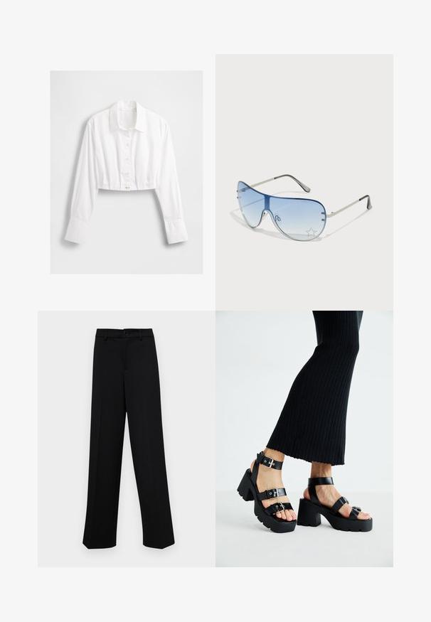 Fehér, rövidített, galléros ing, hosszú ujjal és egyetlen kerek gomb részlettel az alján. Simaszerkezetű és könnyű anyag.; Fekete, széles szárú nadrág sima anyagból, klasszikus derékrésszel, gombzárral és elülső redőkkel.; Fekete platform szandálok vastag, barázdált talppal és több pánttal, fém csatokkal, sima bőrhatású textúrával.; Pilóta napszemüveg, melynek áttetsző kék lencséje, ezüst fém kerete és díszes csillag díszítések találhatók a lencsén. Simogató és elegáns dizájn.