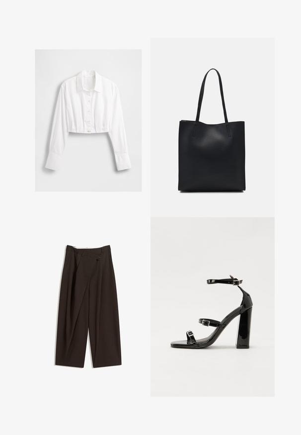 Bílá zkrácená košile na knoflíky s límečkem, dlouhými rukávy a jedním kulatým knoflíkem na lemu. Hladká textilie a lehký materiál.; Tmavě hnědé široké kalhoty s vysokým pasem, vybavené jedním tlačítkem na zapínání a plisovaným předním dílem. Vyrobené z lehkého materiálu.; Černé lakované sandály na podpatku se čtveratou špičkou, lýtkovými pásky a stříbrnými přezkami. Disponují masivním blokovým podpatkem pro stabilitu.; Černá kožená taška přes rameno s hladkým povrchem, obdélníkovým tvarem a dvěma dlouhými uchy. Žádné viditelné kování ani ozdoby.