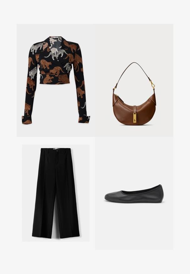 Diane von Furstenberg BOBBIE - Blouse - brown; Black wide-leg trousers made of lightweight fabric, featuring a front button closure and flat front, with neatly stitched hems.; Black leather ballet flat with a rounded toe, smooth texture, minimal stitching detail, and a flexible sole design.; Brown leather shoulder bag with curved shape, gold hardware, top clasp detail, and a logo accent. Smooth texture with stitched edges.