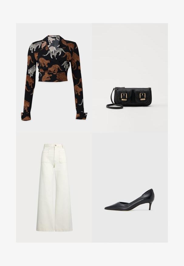 Diane von Furstenberg BOBBIE - Blouse - brown; Wide-leg jeans in off-white denim. High-waisted design with a button closure, two front pockets, and contrast stitching details.; Black leather pump with a pointed toe and low heel. Features a smooth texture and subtle sheen. Open cut at the front for added detail.; Black leather crossbody bag with two front pockets, gold buckles, zipper closure, and a slim strap. Textured surface and compact rectangular shape.