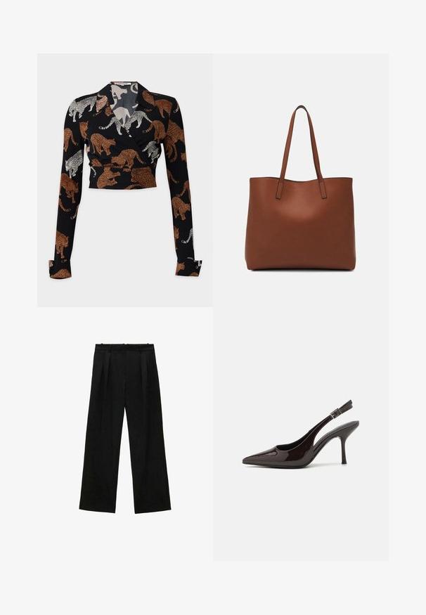 Diane von Furstenberg BOBBIE - Blúzka - brown; Čierne široké nohavice s skladmi, s hladkou textúrou a vysokým pásom. Minimalistický štýl, žiadne viditeľné kovania ani ozdoby.; Slingback vysoké opätky v lesklej tmavohnedej lakovej koži, so špicatou špičkou, otvorenými stranami a nastaviteľným remienkom na členku.; Hnedá kožená taška na rameno s hladkou textúrou, otvoreným vrchom a dvoma ramenými popruhmi. Má minimálne šitia a žiadne viditeľné kovania.