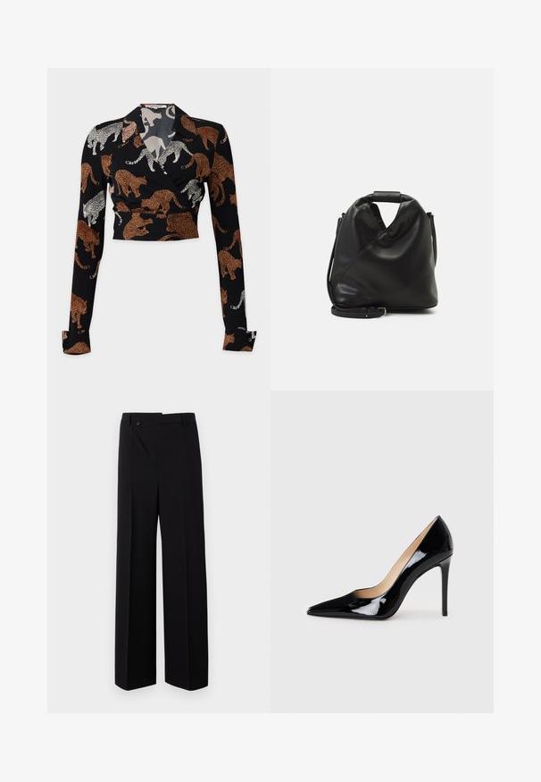 Diane von Furstenberg BOBBIE - Camicetta - brown; Pantaloni neri a gamba larga con frontale piatto, chiusura a bottone e trama di tessuto liscia. Presentano un taglio dritto e linee nette.; Décolleté in pelle verniciata nera con design a punta e silhouette elegante. Presenta una finitura liscia e lucida e un tacco a stiletto sottile.; Borsa nera in pelle morbida con un design unico e attorcigliato. Presenta una maniglia corta e una tracolla removibile. Stile minimalista.