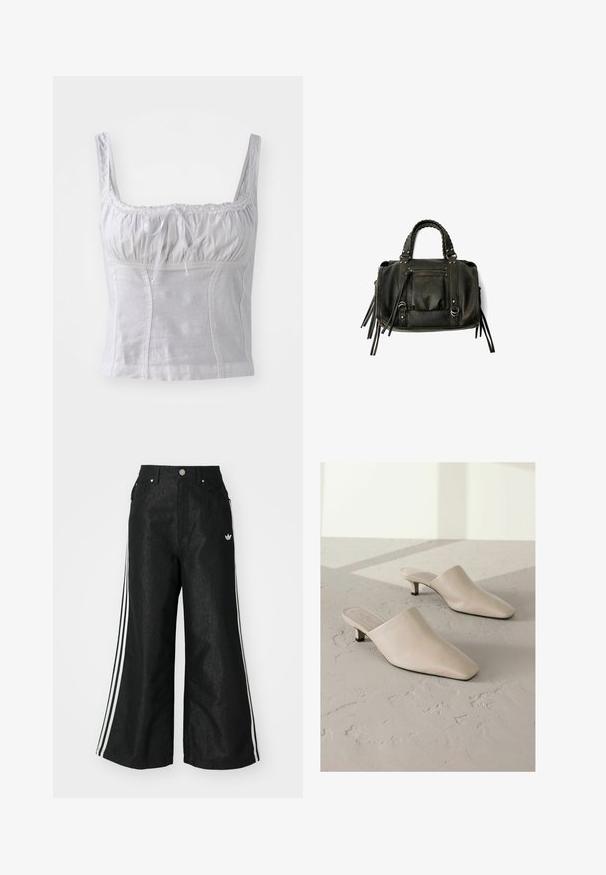 Bílý bezramínkový top s nařaseným tělem, krajkovým lemem kolem výstřihu a mašlí vpředu. Vyrobeno z hladké, lehké látky.; Černé široké džíny s třemi bílými pruhy po stranách a malým bílým logem. Obsahují přední kapsy a zapínání na knoflík.; Béžové kožené mule s špičatou špičkou a nízkým černým podpatkem. Hladký povrch, nazouvací design, minimalistický silueta, bez viditelných vzorů.; Černá kožená kabelka s pletenými rukojetmi, kapsou na zip a visícími třásněmi. Texturovaný povrch s kovovými hroty a kovovými akcenty.
