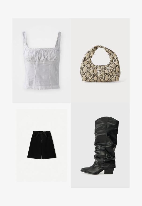 Valkoinen hihaton toppi, jossa on rypytetty vartalo, pitsireunus kaula-aukossa ja etuosan nauhatyyli. Valmistettu sileästä, kevyestä kankaasta.; Mustat farkkushortsit, joissa on väljä malli, viisi taskua, keltaiset tikkauskoristeet ja keskipitkä vyötärödesign.; Mustat nahkaiset polvipituiset saappaat, joissa on renksumainen muotoilu, terävä kärki ja paksu korko, jotka omaavat sileän pinnan ja minimaalisen ompeleen.; Käärmeennahkakuosiset käsilaukku, jossa on kaareva kahva. Tehty teksturoiduista beigeistä ja ruskeista materiaaleista, joissa on erottuva timanttikuvio.