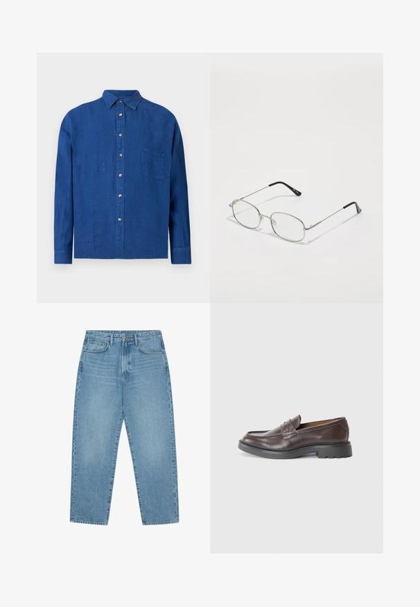 Camisa azul de botões de manga longa, com colarinho e bolso no peito, exibida sobre um fundo branco.; Conjunto de cinco t-shirts em preto, branco e azul marinho. Tecido de algodão, mangas curtas, design de gola redonda e textura lisa sem padrões.; Calças de ganga azul-claro com corte de perna reta, design de cinco bolsos e textura ligeiramente desbotada. Apresentam fecho de botão e zipper.; Mocassins de couro castanho com um acabamento suave, bico redondo, costura mínima e uma sola grossa de borracha preta. Sem hardware ou detalhes visíveis.; Óculos de metal com armação oval, aros prateados e lentes transparentes. Braços slim e retos com pontas pretas, design minimalista.