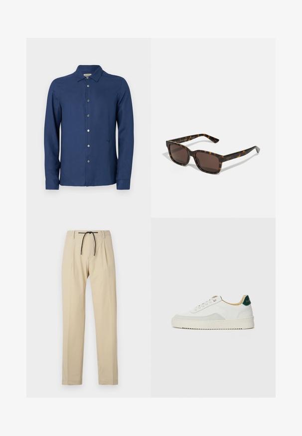 Sötétkék, hosszú ujjú gombos ing sima anyagból; klasszikus gallérral, diszkrét logóval és standard gombolással rendelkezik.; Beige nadrág, egyenes fazonban, húzózsinórral a derékrészen, pliszírozott elejével és sima textúrájával. Egyszerű, sokoldalú dizájn.; Fehér sneaker suédé részletekkel, kerek orral, lapos fűzőkkel és krémszínű gumitalppal. Zöld logó található a sarkán.; Gucci napszemüveg négyzet alakú, teknős mintás műanyag kerettel és barna lencsékkel. A szárakon diszkrét márkajelzés található.