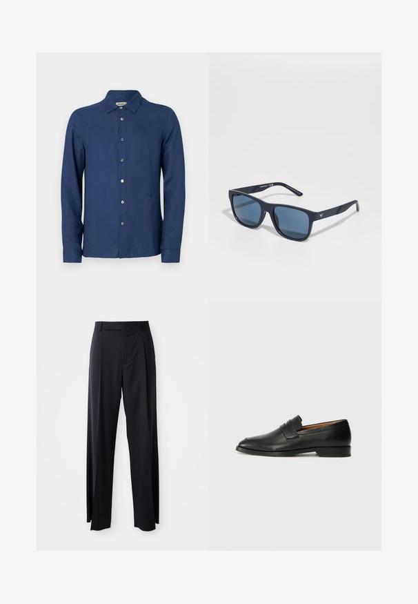 Granatowa, długoszlarowa koszula zapinana na guziki z gładkiego materiału; ma klasyczny kołnierzyk, subtelne logo oraz standardową listwę guzikową.; Czarne, wysokie spodnie o szerokim kroju, wykonane z gładkiego materiału. Posiadają zakładki z przodu i paski na pasek. Minimalistyczny design, bez widocznych elementów metalowych.; Czarne skórzane mokasyny z zaokrąglonym noskiem, subtelnymi przeszyciami i niskim obcasem, charakteryzujące się gładką teksturą i minimalistycznym designem.; Niebieskie prostokątne okulary przeciwsłoneczne z ciemnymi soczewkami, matowa granatowa oprawka, szczegół z logo na zauszniku, proste ramiona oraz solidna, gładka tekstura.
