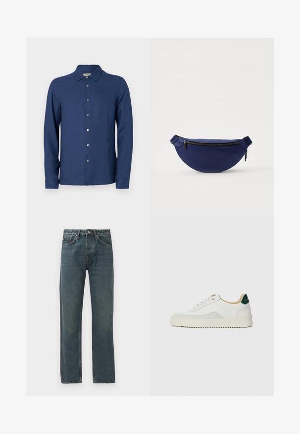 Tamsiai mėlynas, ilgomis rankovėmis mygtukų marškiniai iš lygios medžiagos; turi klasikį apykaklę, diskretišką logotipą ir standartinį mygtukų užsegimą.; Tamsiai mėlyni džinsai su tiesiomis kojomis, turintys penkis kišenes, mygtuko uždarymą ir kontrastingus siuvimo akcentus.; Baltos sportbačiai su zomšos akcentais, apvaliu nosiu, plokščiais raišteliais ir kreminės spalvos guminiu padu. Ant kulno yra žalia ženklinimo detalė.; Žydros odinės liemenės krepšys su pusapvaliu pavidalu, užtrauktuko uždarymu ir reguliuojamu dirželiu, pasižymintis tekstūruotu paviršiumi ir metaliniais užtrauktuko akcentais.