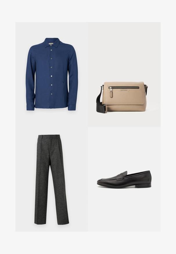 Námornícky modrá, dlhá košeľa s gombíkmi v hladkej látke; má klasický golier, decentné logo a štandardné gombíkové zapínanie.; Sivé úzke nohavice z textúrovanej látky, s dvoma prednými skladmi a rovnými nohavicami. Bez viditeľných vreciek alebo ozdôb.; Čierne kožené mokasíny s elegantným dizajnom, zaoblenou špičkou a nízkym stohovaným opätkom. Obsahujú dekoratívne prešívanie na vrchnej časti.; Béžová kožená kabelka cez rameno s textúrovaným povrchom, predným zipsovým vreckom a nastaviteľným čiernym popruhom. Logo zobrazené na prednej strane.